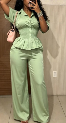 Two piece set of high waisted wide leg pants with collar and waist cinched short sleeved shirt AF08216