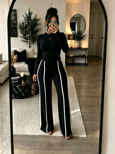 Two piece set of elastic tight fitting base top and spliced wide leg pants A1081117901091