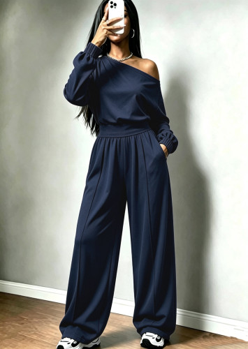 Shoulder collar cinched tight fitting hoodie+pocket wide leg pants two-piece set A1075623891427