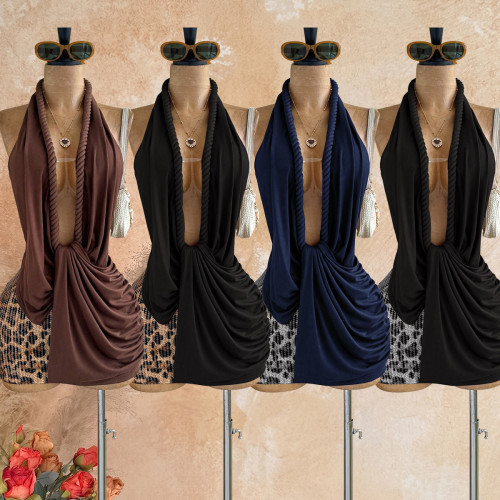 Leopard print sequin spliced hanging neck backless knitted hip hugging dress ZY6552