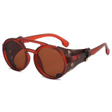 Retro Round Leather Side Shields Steampunk Sunglasses