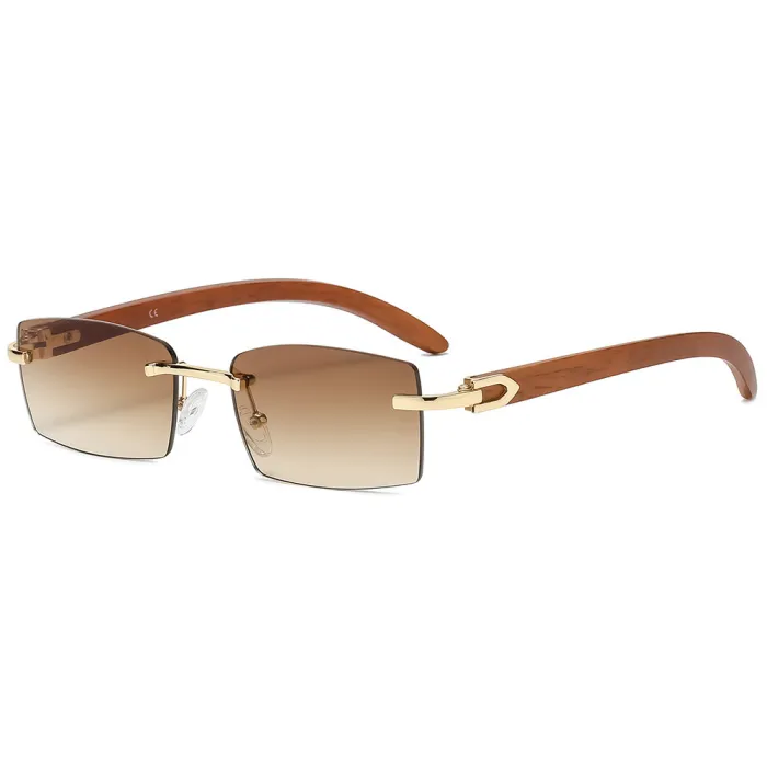 Rimless Rectangle Faux Wood Temple Sunglasses