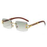 Faux Wood Grain Panther Rectangle Rimless Sunglasses