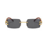 Faux Wood Grain Panther Rectangle Rimless Sunglasses