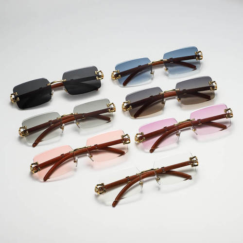 Faux Wood Grain Panther Rectangle Rimless Sunglasses