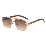Faux Wood Grain Panther Rimless Sunglasses