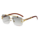 Faux Wood Grain Panther Rimless Sunglasses