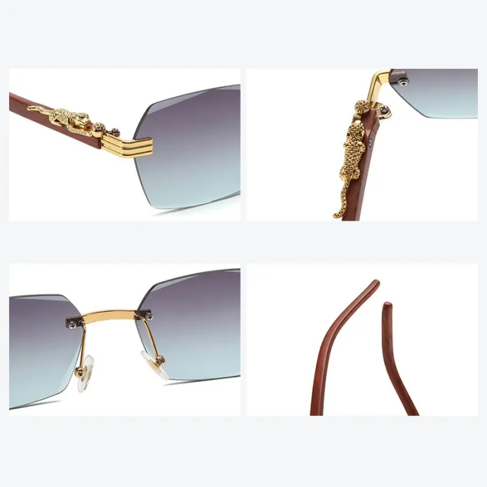 Faux Wood Small Rectangle Rimless Sunglasses