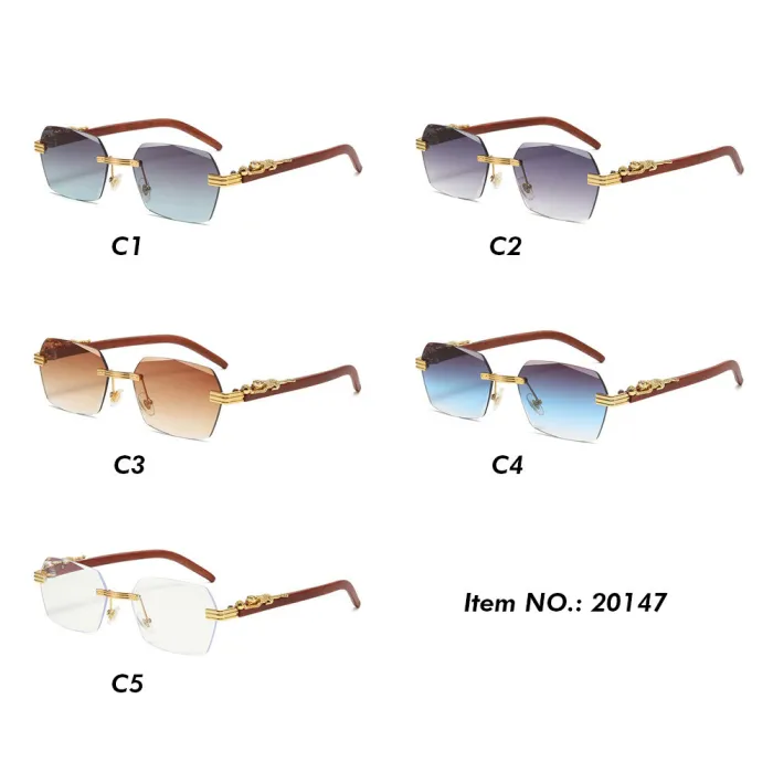 Faux Wood Small Rectangle Rimless Sunglasses