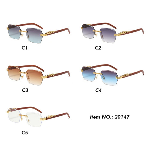 Faux Wood Small Rectangle Rimless Sunglasses