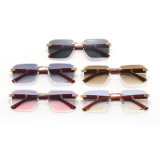 Faux Wood Small Rectangle Rimless Sunglasses