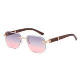 Faux Wood Small Rectangle Rimless Sunglasses