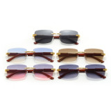 Rimless Rectangle Faux Wood Temple Sunglasses