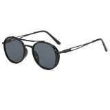 Retro Round Flat Top Double Bridge Metal Frame Sunglasses
