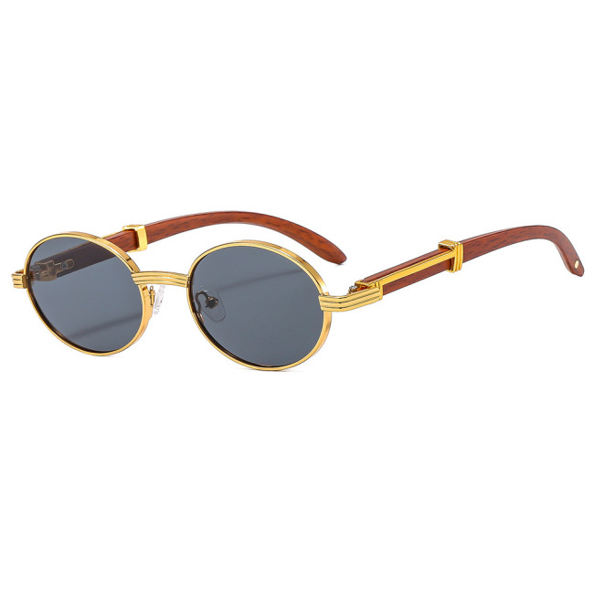 Retro Vintage Faux Wood Small Round Metal Sunglasses