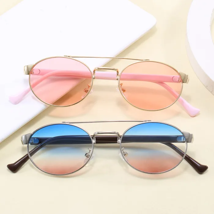 Retro Round Double Bridges Gradient Metal Flat Top Shades Sunglasses