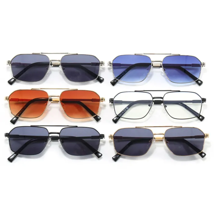 Retro Square Double Bridges Gradient Metal Flat Top Shades Sunglasses