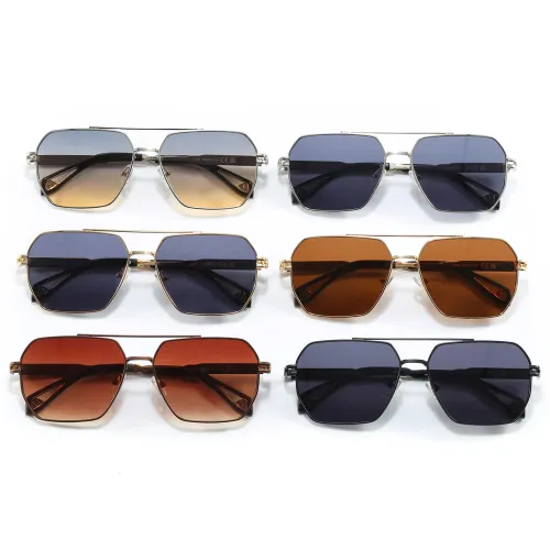 Retro Square Double Bridges Gradient Metal Flat Top Shades Sunglasses