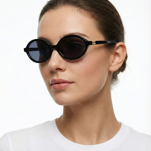 Classic Black Vintage Oval Sunglasses for Women Retro Small Frame Shades with Gold Metal Hinge Detail UV400