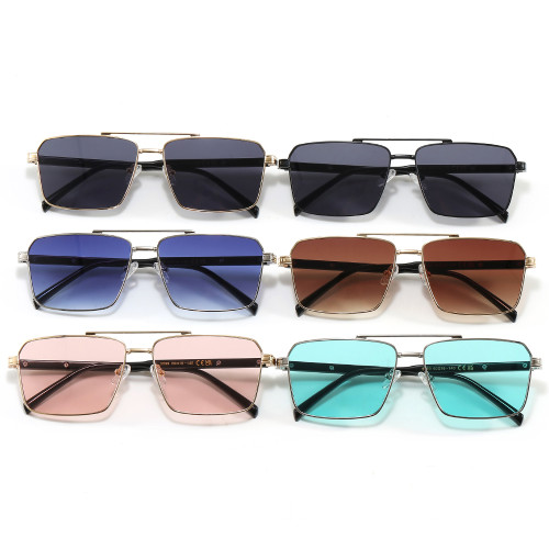 Retro Rectangle Double Bridges Gradient Metal Flat Top Shades Sunglasses