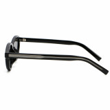 Black oval frame sunglasses side view showing slim temples and classic retro shape