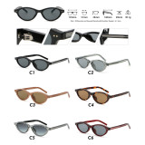 Oval acetate sunglasses size guide showing frame width, lens width, bridge and temple length