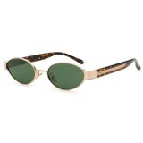 Classic gold oval sunglasses with dark green lenses and tortoise temples