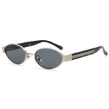 Vintage silver oval metal sunglasses with dark grey lenses and black temples