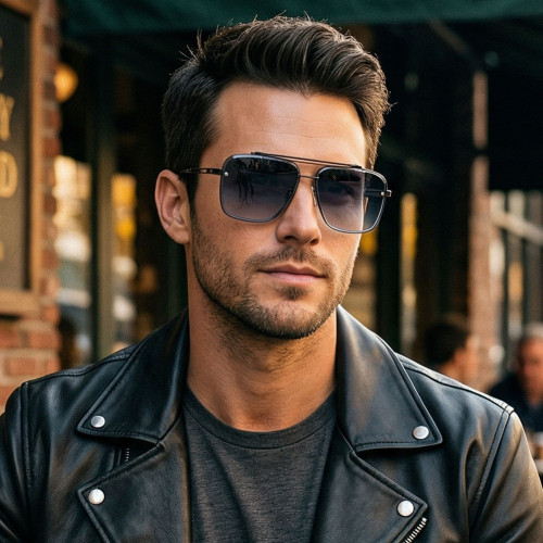 Men's Oversized Square Double Bridge Metal Sunglasses
