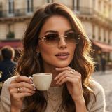 rimless square sunglasses brown gradient lens gold frame model outdoor lifestyle