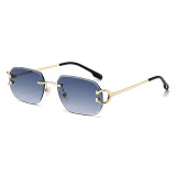 rimless square sunglasses blue grey lens gold frame
