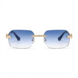 Vintage Rimless Rectangular Sunglasses - Gold Frame with Blue Gradient Lenses Front view