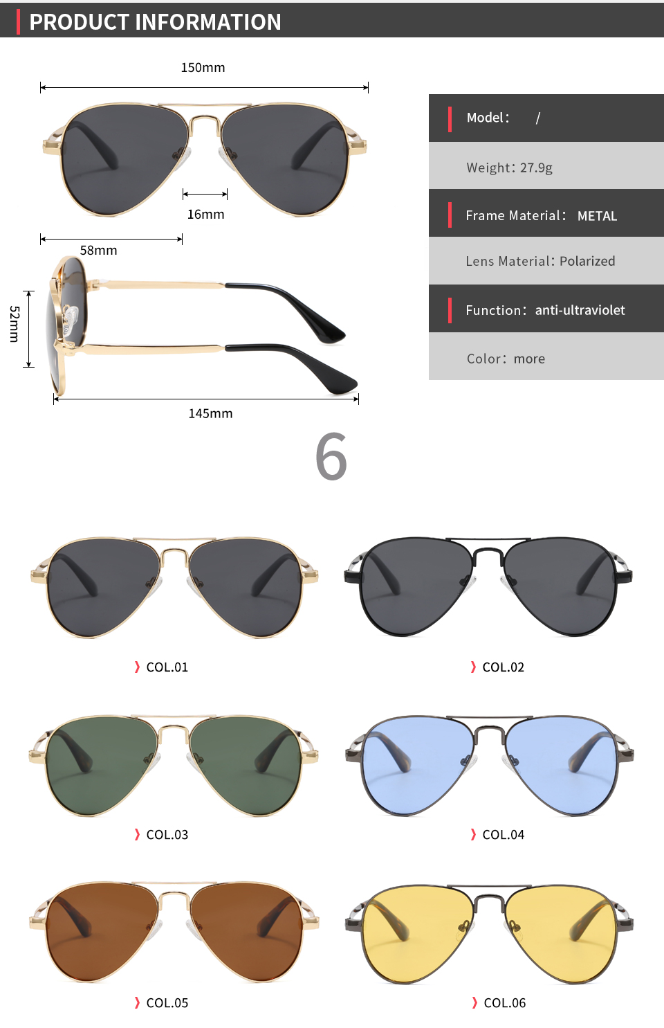 Retro polarized pilot style sunglasses