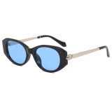 Black retro oval sunglasses with blue mirrored lenses and silver-tone temple details, three-quarter view