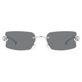 Silver-Grey rimless rectangle sunglasses with dark grey lenses and silver metal temples front view