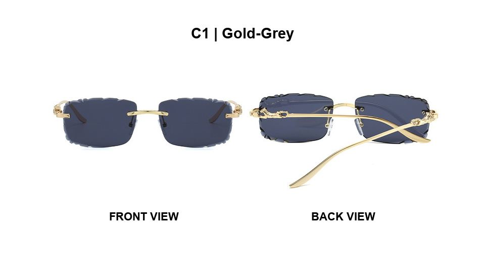 Front and back views of grey lens rimless sunglasses
