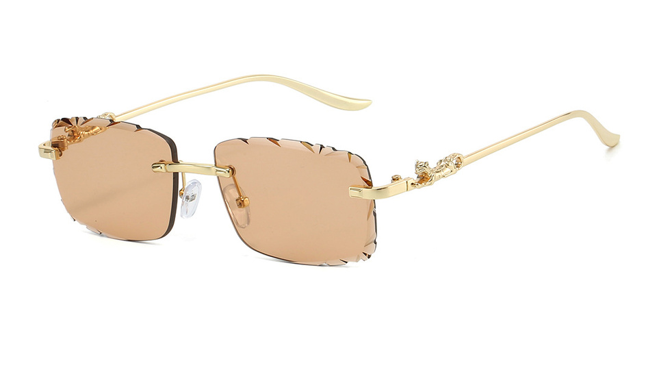 Champagne lens rimless sunglasses with gold-tone panther temples