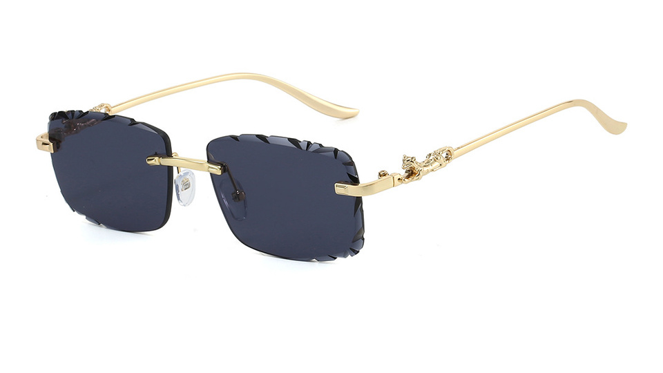 Grey lens rimless sunglasses with gold-tone panther temples