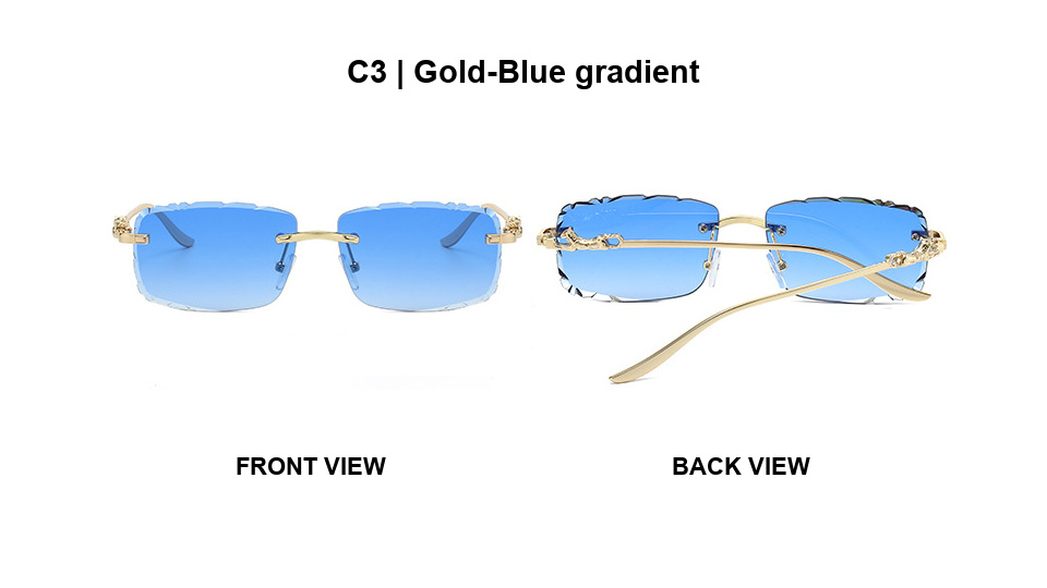 Front and back views of gradient blue rimless sunglasses
