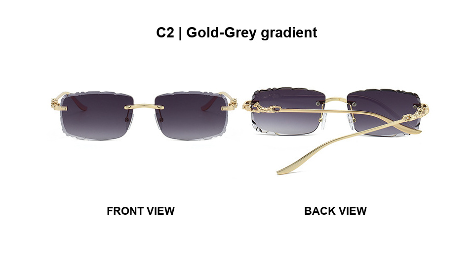 Front and back views of gradient grey rimless sunglasses