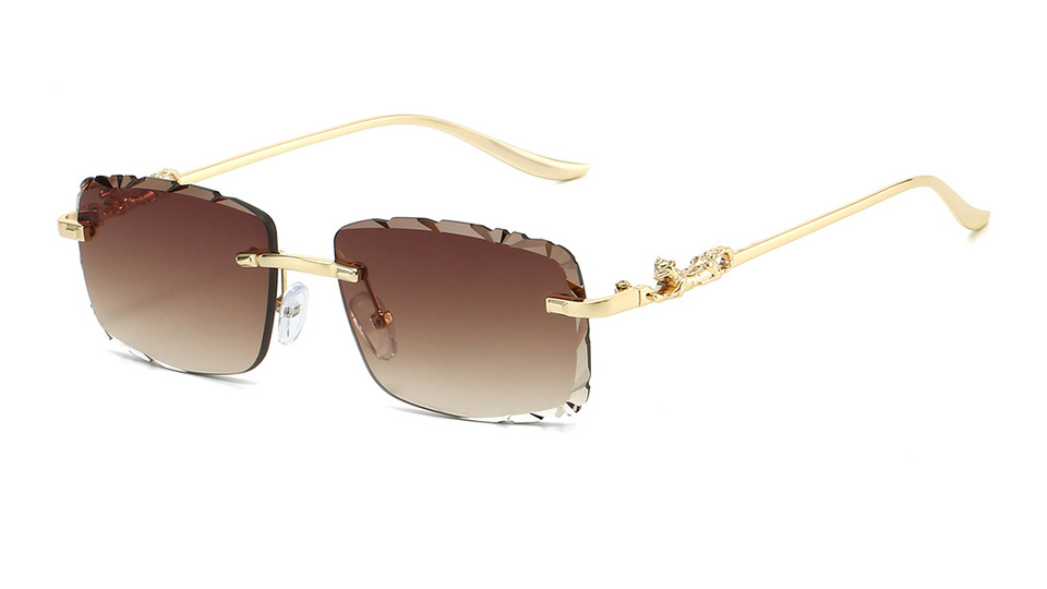 Gradient brown rimless sunglasses with gold-tone panther temples
