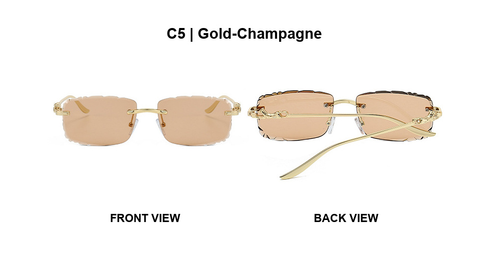 Front and back views of champagne lens rimless sunglasses