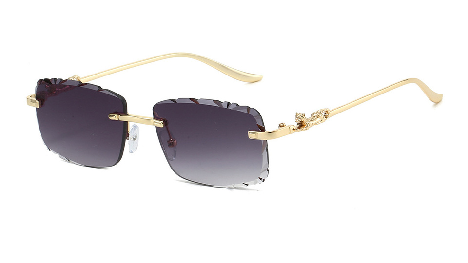 Gradient grey rimless sunglasses with gold-tone panther temples