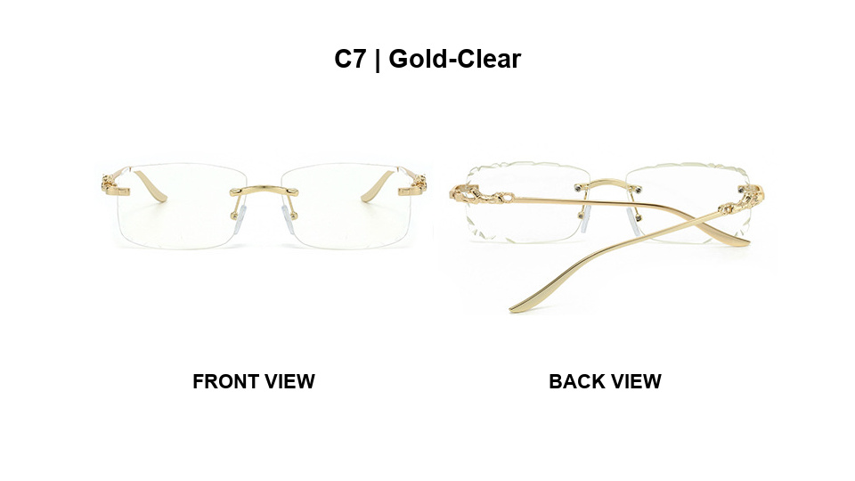 Front and back views of clear lens rimless glasses