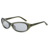 Slim oval wrap sunglasses in translucent olive green frame with light grey lenses