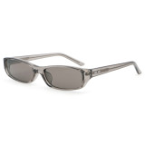 slim Y2K rectangular sunglasses in transparent grey with grey lenses and double dash temple accents.
