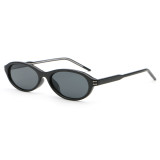 retro oval sunglasses in glossy black with dark grey lenses and triple metal temple accents.