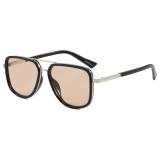 Side view of black square aviator sunglasses with light brown lenses, silver double bridge, and silver-accented temples