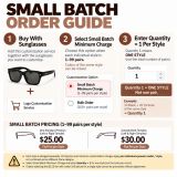 Small Batch Order Guide for custom sunglasses logo service, showing 1–99 pairs per style, ordering steps, and flat-fee customization pricing.
