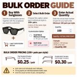 Bulk Order Guide for custom sunglasses logo service, showing 100+ pairs per style, ordering steps, and per-pair customization pricing.